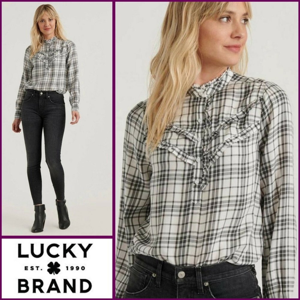 Lucky Brand Popover Blouse Plaid Southwestern Top